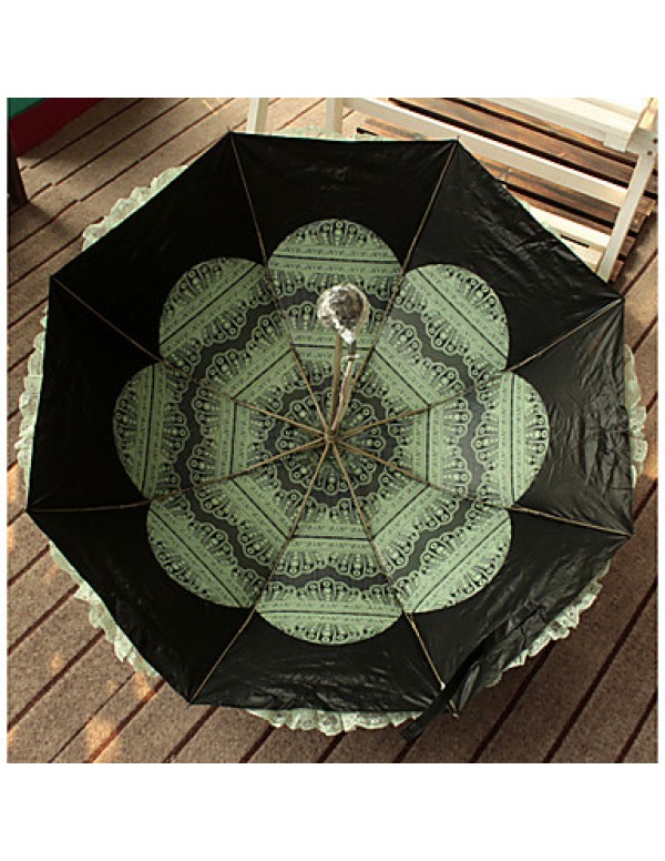 Green Folding Umbrella Sunny and Rainy Textile Lady  