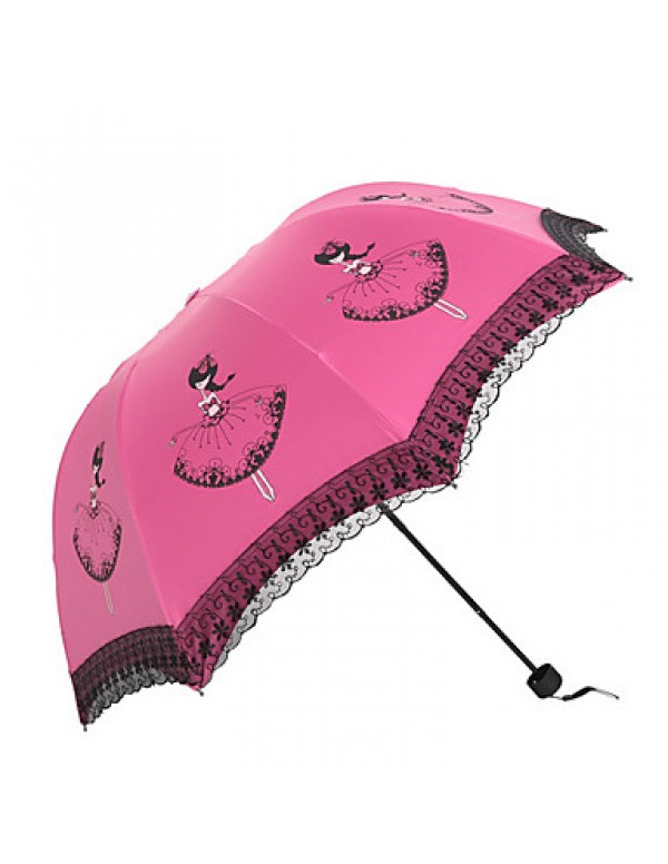 White / Green / Blue / Pink / Purple / Rose Folding Umbrella Sunny and Rainy Textile Lady  