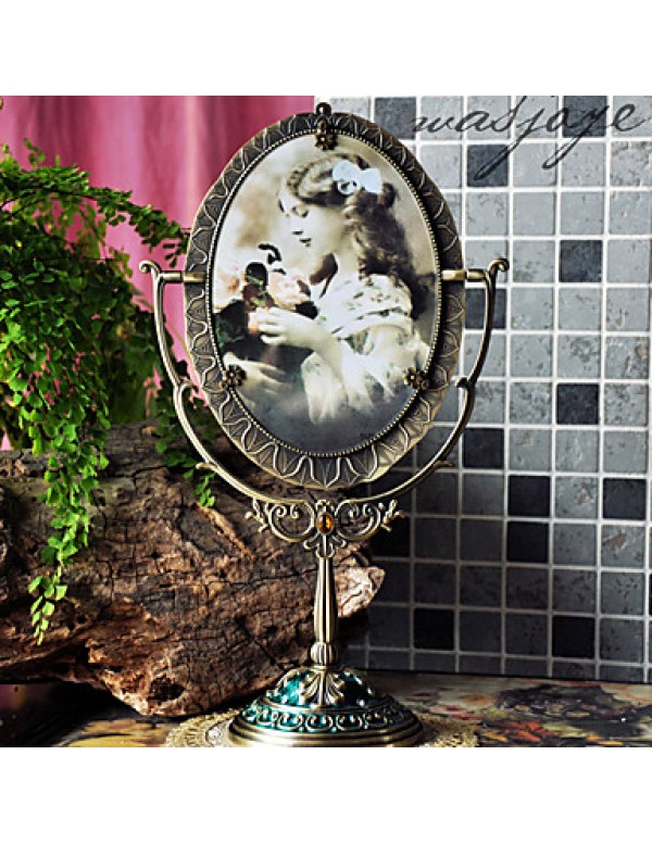 14"Neoclassical Style Oval Tabletop Metal Mirror(Colored Drawing)  